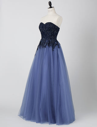 TWEED DRESS(ツイードドレス)のネイビーロングドレス・チュール｜TN2005-NYのトルソー全身斜め画像です。