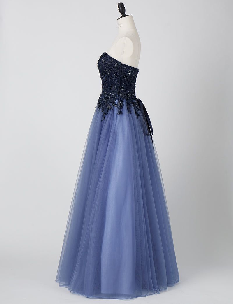 TWEED DRESS(ツイードドレス)のネイビーロングドレス・チュール｜TN2005-NYのトルソー全身側面画像です。