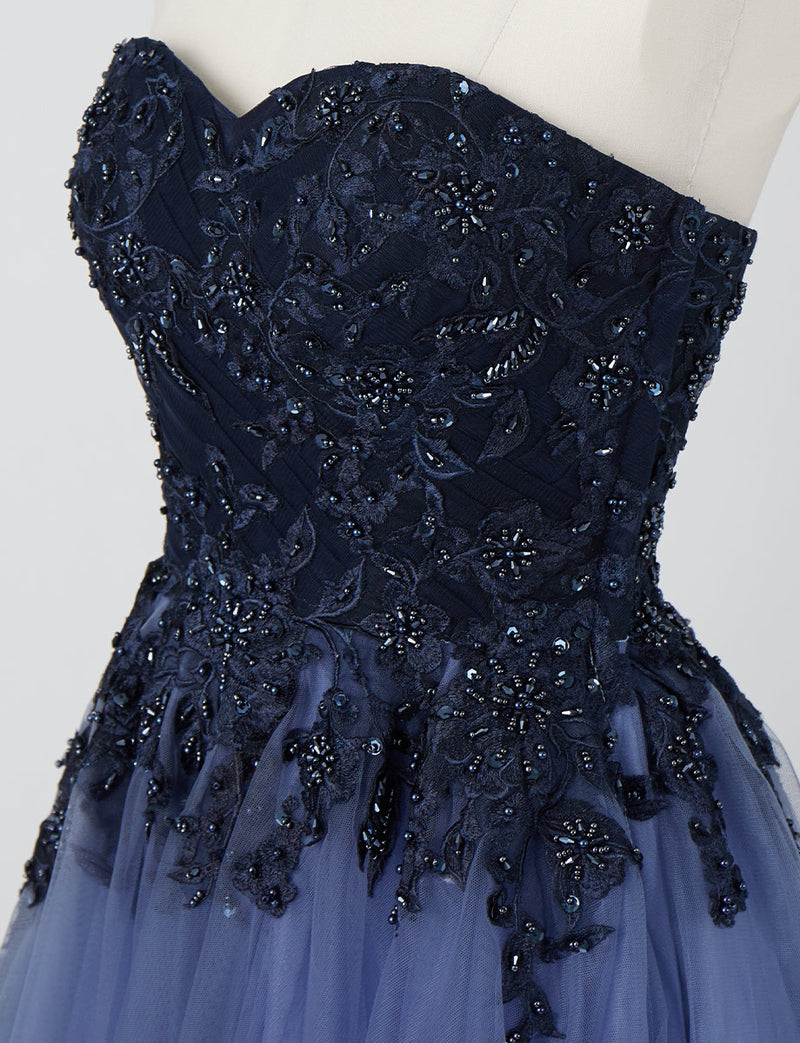 TWEED DRESS(ツイードドレス)のネイビーロングドレス・チュール｜TN2005-NYのトルソー上半身斜め画像です。