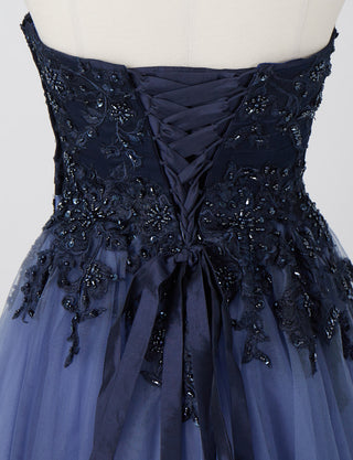 TWEED DRESS(ツイードドレス)のネイビーロングドレス・チュール｜TN2005-NYのトルソー上半身背面画像です。