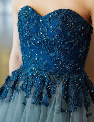 TWEED DRESS(ツイードドレス)のペトロールグリーンロングドレス・チュール｜TN2005-PTGNの上半身装飾拡大画像です。