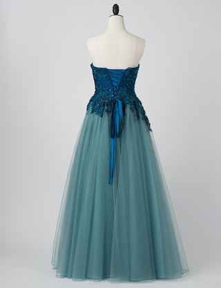 TWEED DRESS(ツイードドレス)のペトロールグリーンロングドレス・チュール｜TN2005-PTGNのトルソー全身背面画像です。