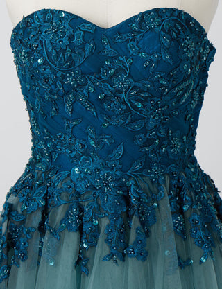 TWEED DRESS(ツイードドレス)のペトロールグリーンロングドレス・チュール｜TN2005-PTGNのトルソー上半身正面画像です。
