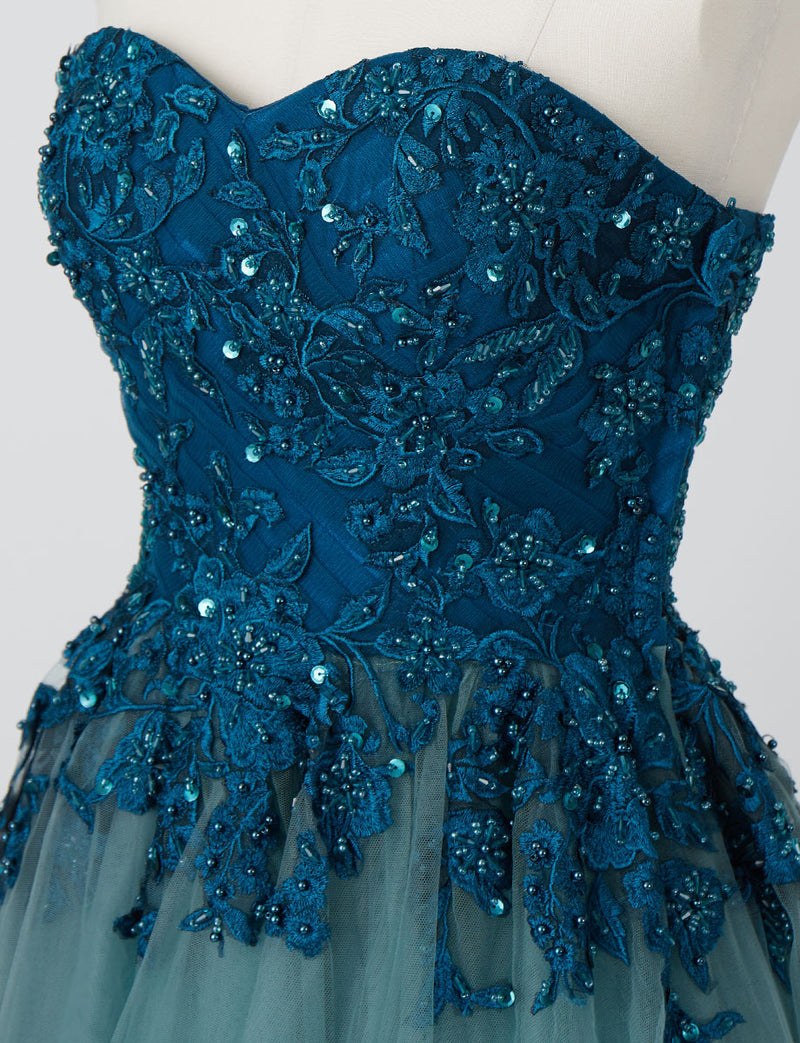 TWEED DRESS(ツイードドレス)のペトロールグリーンロングドレス・チュール｜TN2005-PTGNのトルソー上半身斜め画像です。