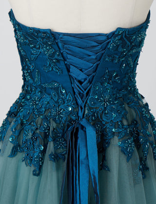 TWEED DRESS(ツイードドレス)のペトロールグリーンロングドレス・チュール｜TN2005-PTGNのトルソー上半身背面画像です。