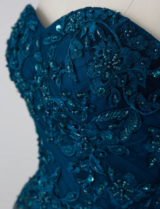 TWEED DRESS(ツイードドレス)のペトロールグリーンロングドレス・チュール｜TN2005-PTGNのトルソー上半身装飾拡大画像です。