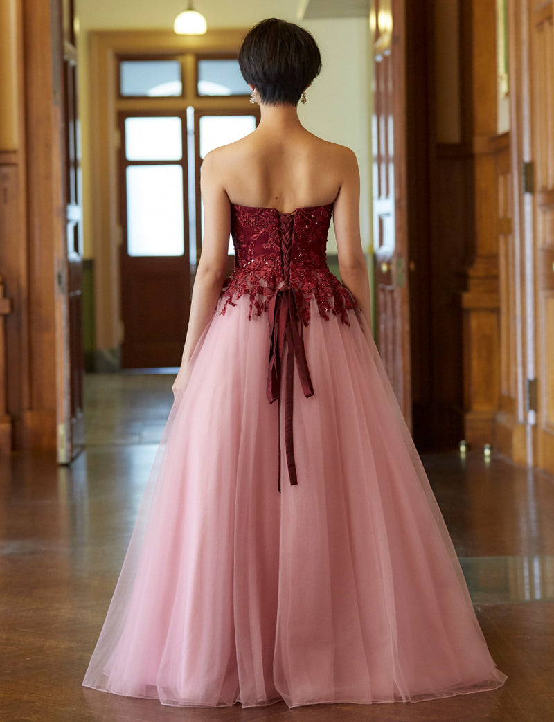 TWEED DRESS(ツイードドレス)のワインレッドロングドレス・チュール｜TN2005-WRDの全身背面画像です。