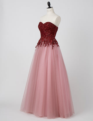 TWEED DRESS(ツイードドレス)のワインレッドロングドレス・チュール｜TN2005-WRDのトルソー全身斜め画像です。