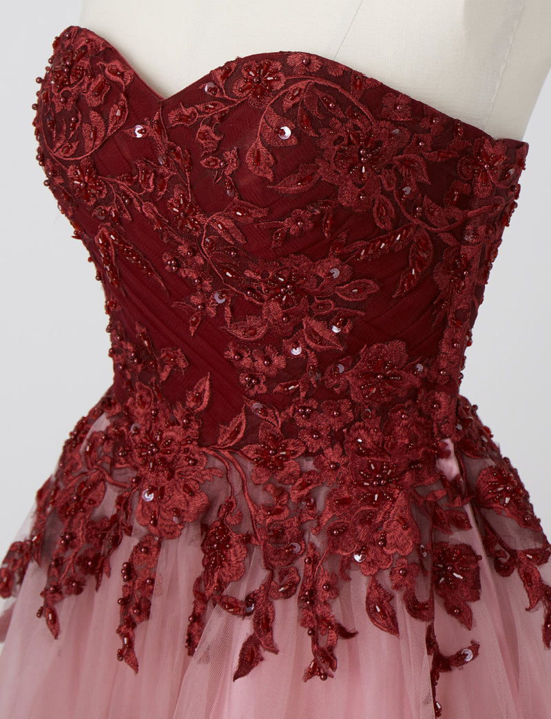 TWEED DRESS(ツイードドレス)のワインレッドロングドレス・チュール｜TN2005-WRDのトルソー上半身斜め画像です。