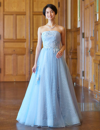 TWEED DRESS(ツイードドレス)のブルーグレーロングドレス・チュール｜TN2006-BLGYの全身正面画像です。