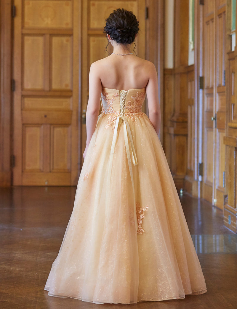 TWEED DRESS(ツイードドレス)のシャンパンベージュロングドレス・チュール｜TN2006-CBEGの全身背面画像です。