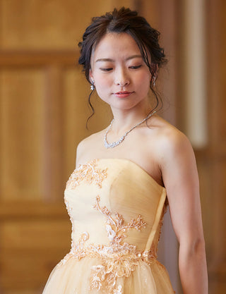 TWEED DRESS(ツイードドレス)のシャンパンベージュロングドレス・チュール｜TN2006-CBEGの上半身斜め画像です。