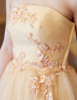 TWEED DRESS(ツイードドレス)のシャンパンベージュロングドレス・チュール｜TN2006-CBEGの上半身装飾拡大画像です。