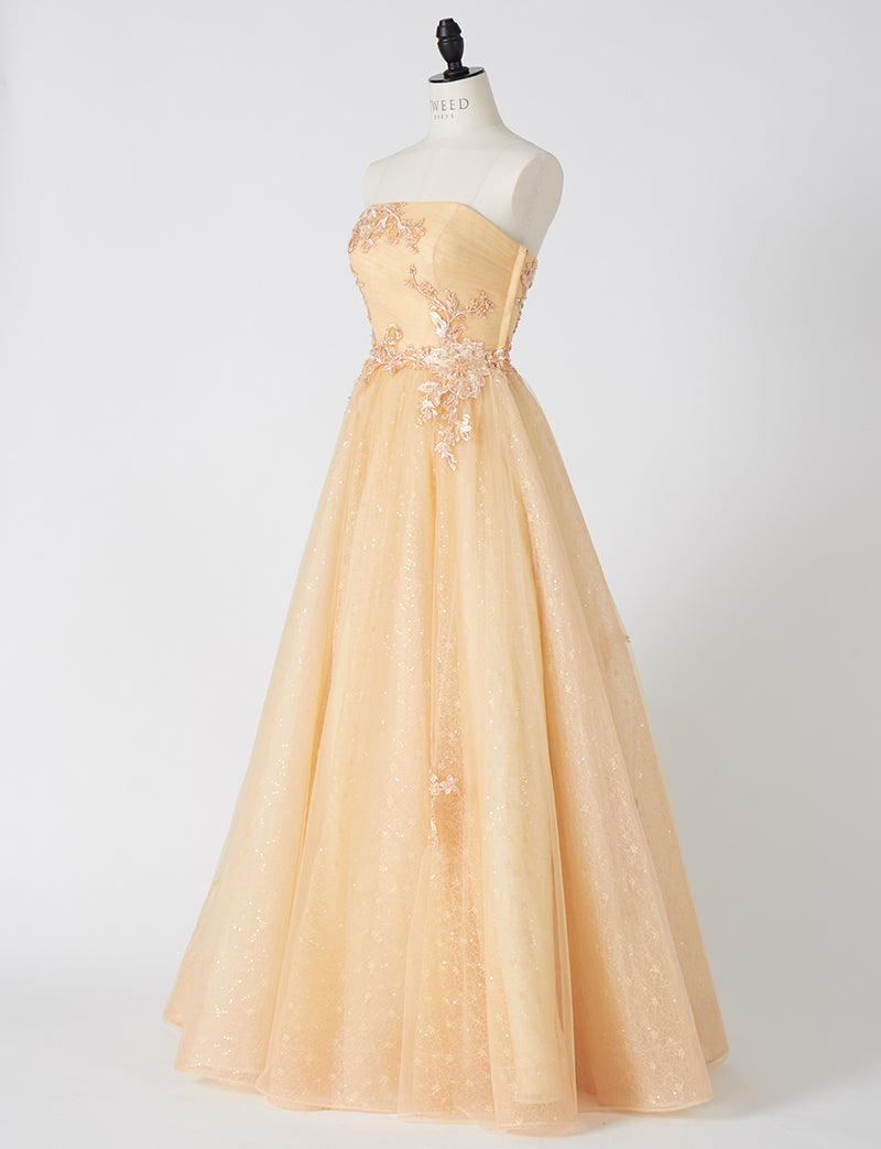 TWEED DRESS(ツイードドレス)のシャンパンベージュロングドレス・チュール｜TN2006-CBEGのトルソー全身斜め画像です。