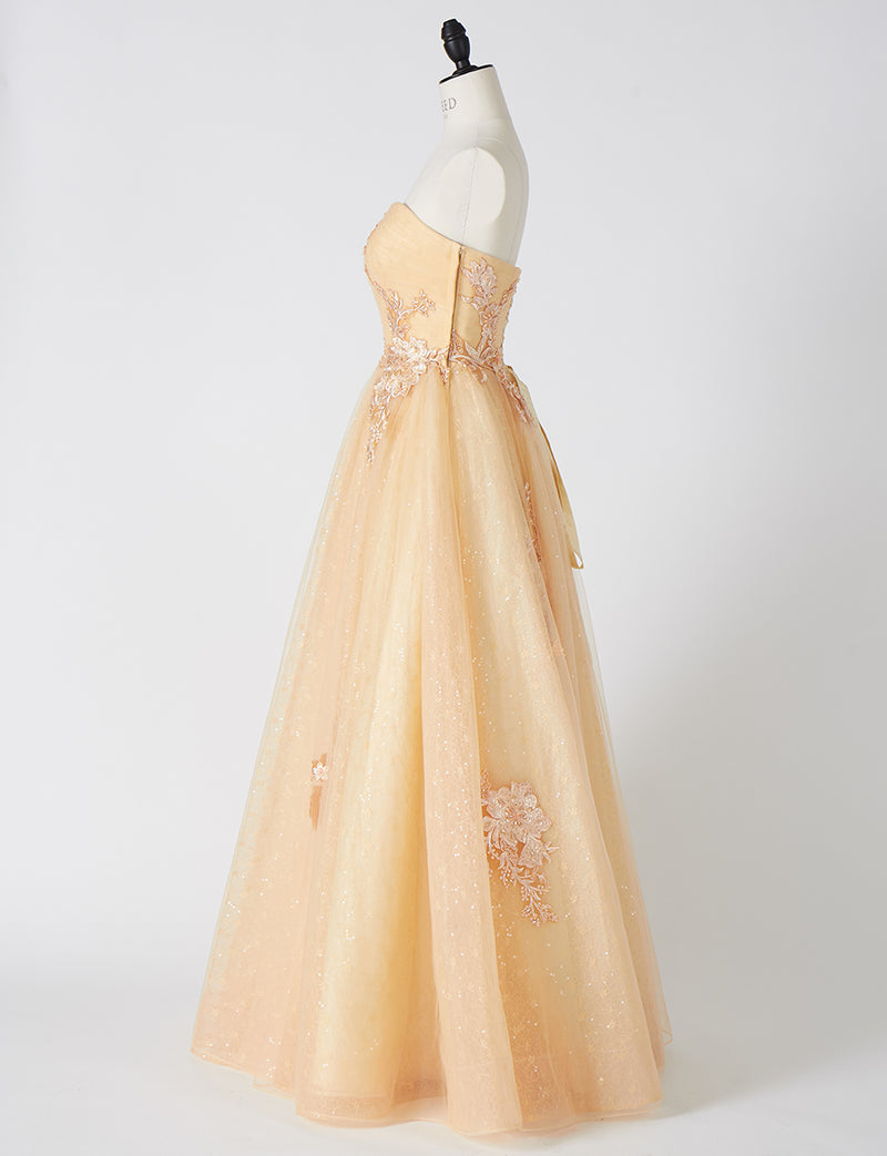 TWEED DRESS(ツイードドレス)のシャンパンベージュロングドレス・チュール｜TN2006-CBEGのトルソー全身側面画像です。
