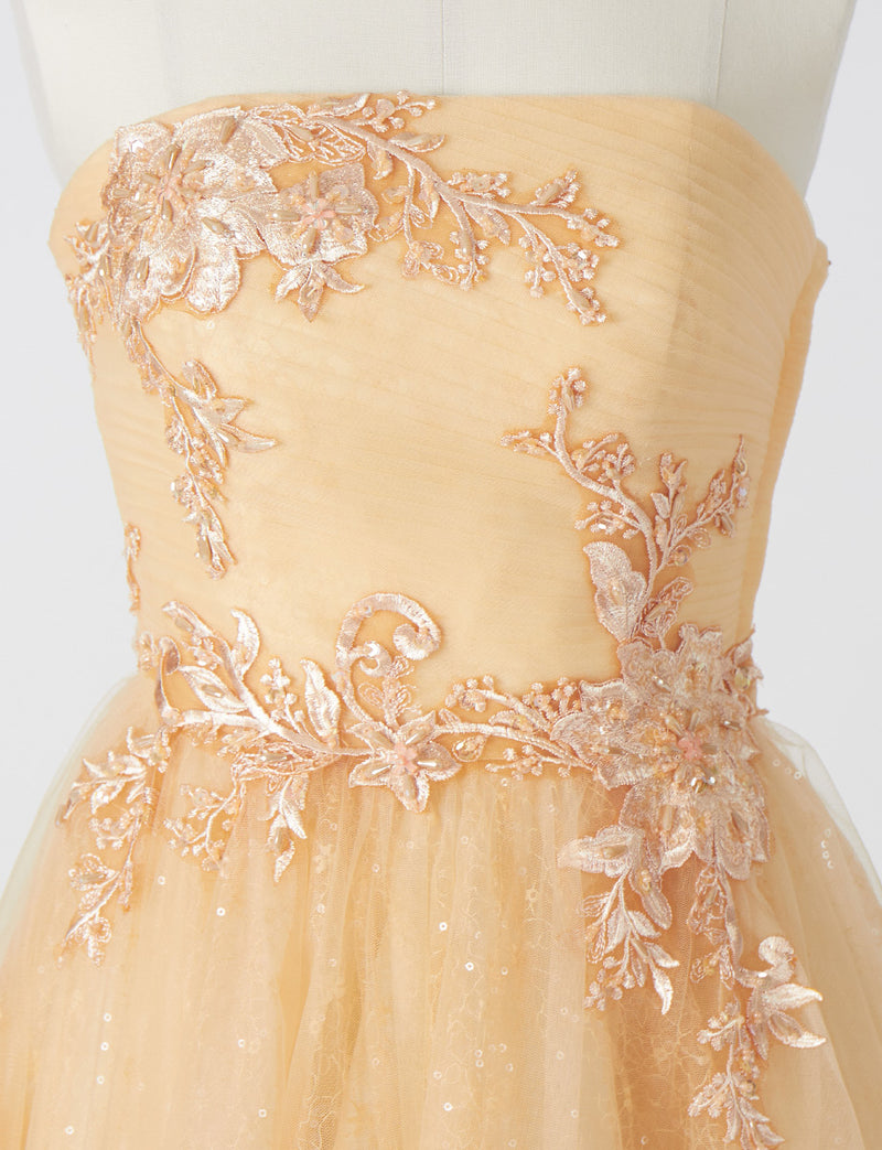 TWEED DRESS(ツイードドレス)のシャンパンベージュロングドレス・チュール｜TN2006-CBEGのトルソー上半身正面画像です。
