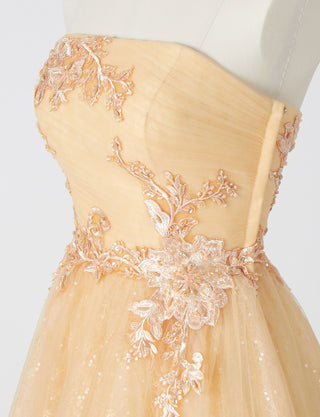 TWEED DRESS(ツイードドレス)のシャンパンベージュロングドレス・チュール｜TN2006-CBEGのトルソー上半身斜め画像です。