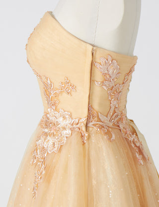 TWEED DRESS(ツイードドレス)のシャンパンベージュロングドレス・チュール｜TN2006-CBEGのトルソー上半身側面画像です。
