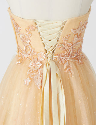 TWEED DRESS(ツイードドレス)のシャンパンベージュロングドレス・チュール｜TN2006-CBEGのトルソー上半身背面画像です。