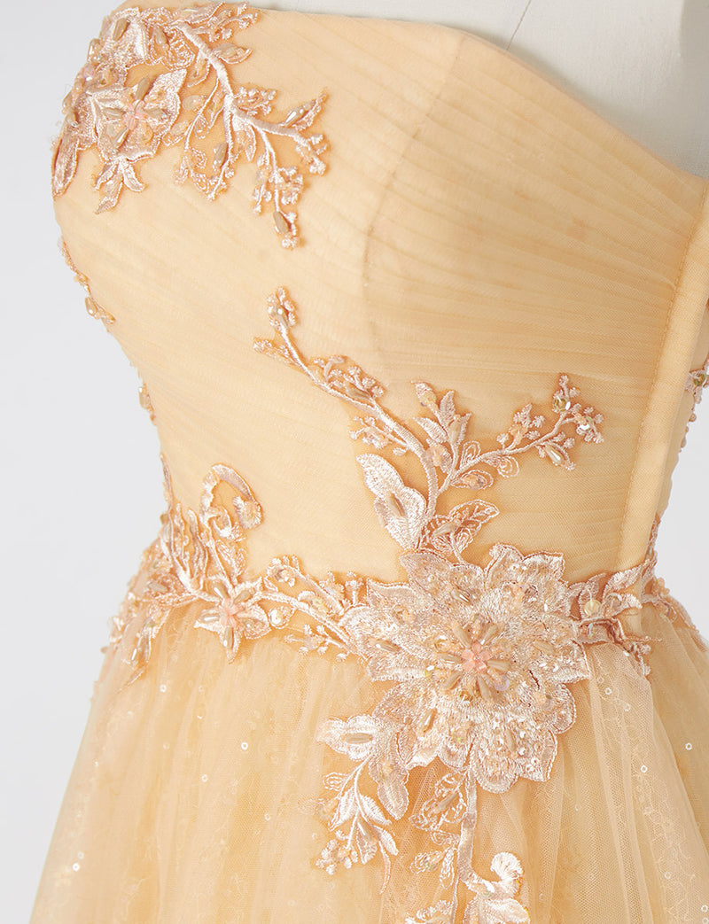 TWEED DRESS(ツイードドレス)のシャンパンベージュロングドレス・チュール｜TN2006-CBEGのトルソー上半身装飾拡大画像です。