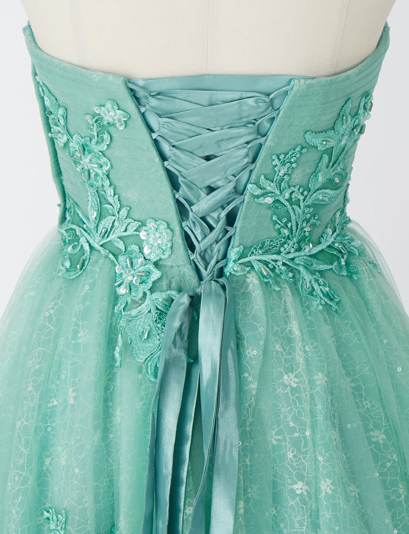TWEED DRESS(ツイードドレス)のペールグリーンロングドレス・チュール｜TN2006-PGNのトルソー上半身背面画像です。