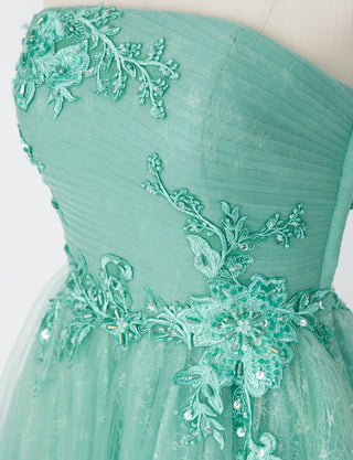 TWEED DRESS(ツイードドレス)のペールグリーンロングドレス・チュール｜TN2006-PGNのトルソー上半身装飾拡大画像です。