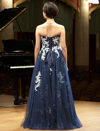 TWEED DRESS(ツイードドレス)のダークネイビーロングドレス・チュール｜TN2008-DNYの全身背面画像です。
