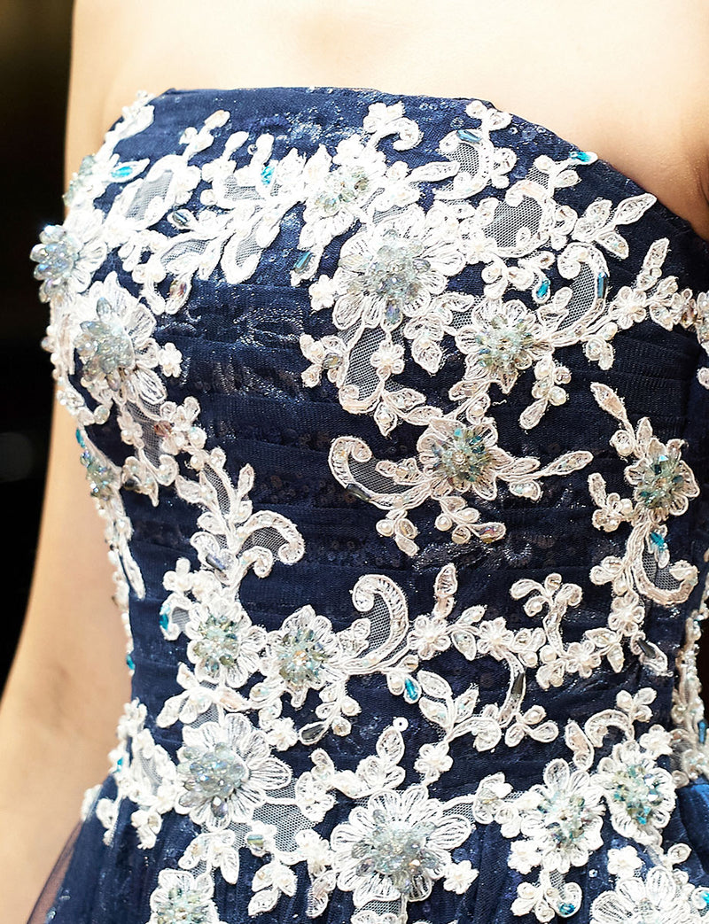 TWEED DRESS(ツイードドレス)のダークネイビーロングドレス・チュール｜TN2008-DNYの上半身装飾拡大画像です。