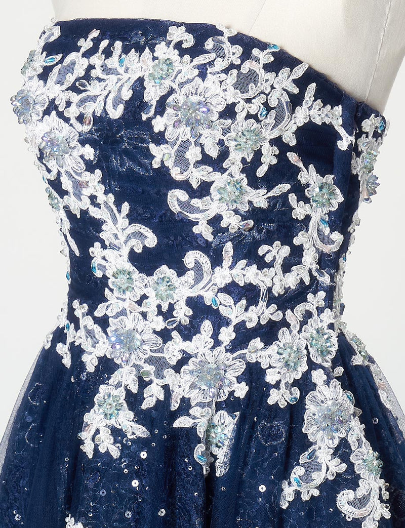TWEED DRESS(ツイードドレス)のダークネイビーロングドレス・チュール｜TN2008-DNYのトルソー上半身斜め画像です。