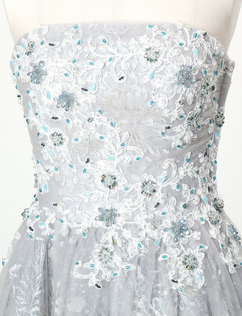 TWEED DRESS(ツイードドレス)のシルバーグレーロングドレス・チュール｜TN2008-SGYのトルソー上半身正面画像です。