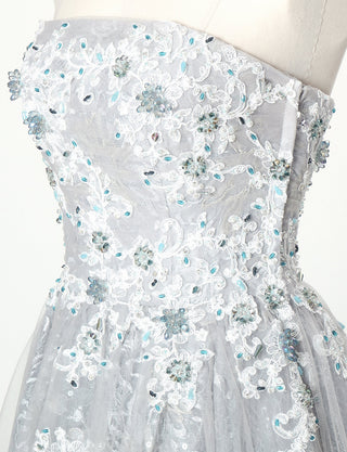 TWEED DRESS(ツイードドレス)のシルバーグレーロングドレス・チュール｜TN2008-SGYのトルソー上半身斜め画像です。