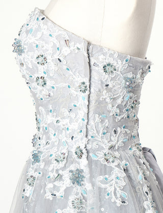 TWEED DRESS(ツイードドレス)のシルバーグレーロングドレス・チュール｜TN2008-SGYのトルソー上半身側面画像です。