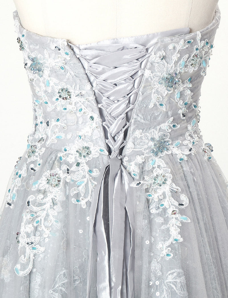 TWEED DRESS(ツイードドレス)のシルバーグレーロングドレス・チュール｜TN2008-SGYのトルソー上半身背面画像です。