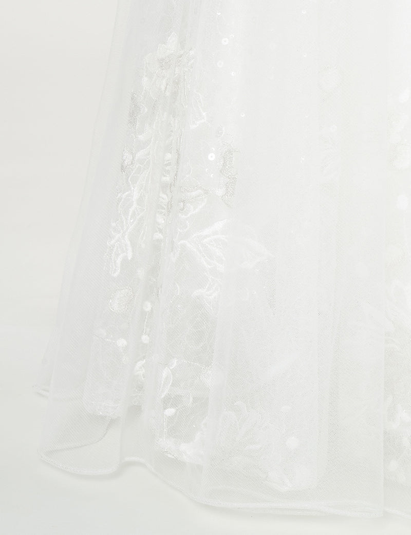 TWEED DRESS(ツイードドレス)のホワイトロングドレス・チュール｜TN2008-WTのスカート裾拡大画像です。