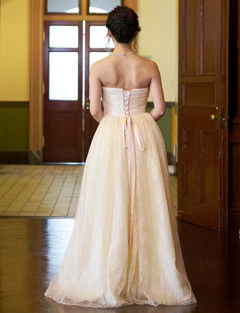 TWEED DRESS(ツイードドレス)のシャンパンゴールドロングドレス・チュール｜TN2009-CGDの全身背面画像です。