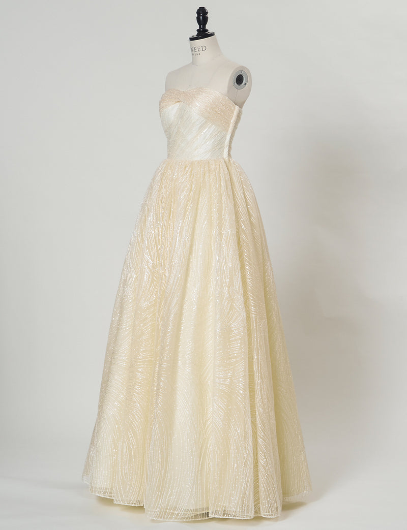 TWEED DRESS(ツイードドレス)のシャンパンゴールドロングドレス・チュール｜TN2009-CGDのトルソー全身斜め画像です。