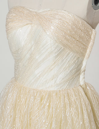 TWEED DRESS(ツイードドレス)のシャンパンゴールドロングドレス・チュール｜TN2009-CGDのトルソー上半身斜め画像です。