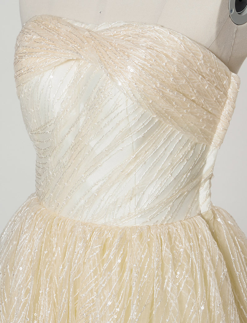 TWEED DRESS(ツイードドレス)のシャンパンゴールドロングドレス・チュール｜TN2009-CGDのトルソー上半身斜め画像です。