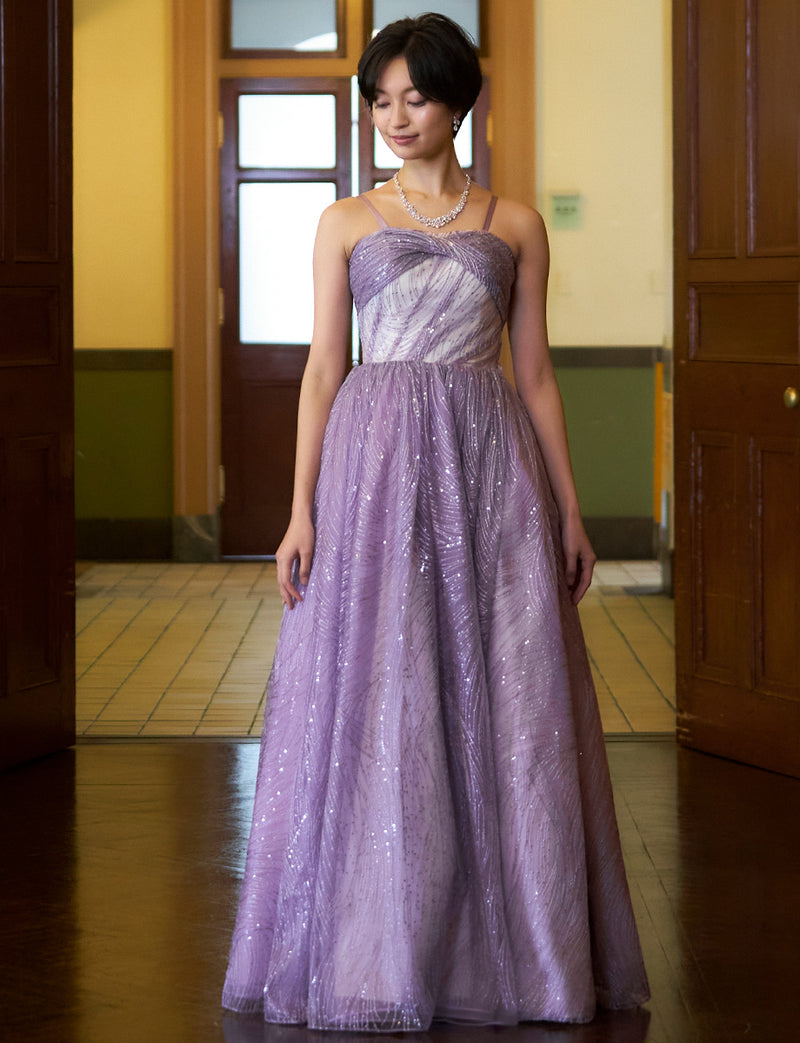 TWEED DRESS(ツイードドレス)のパープルレインロングドレス・チュール｜TN2009-PERNの全身正面ストラップ着用画像です。