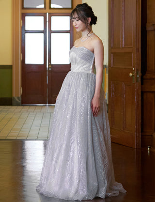 TWEED DRESS(ツイードドレス)のシルバーグレーロングドレス・チュール｜TN2009-SGYの全身斜め画像です。