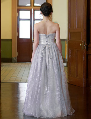 TWEED DRESS(ツイードドレス)のシルバーグレーロングドレス・チュール｜TN2009-SGYの全身背面画像です。