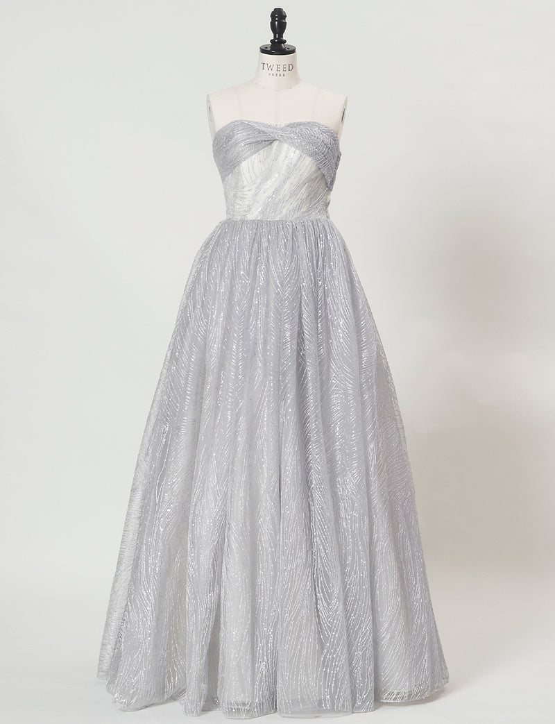 TWEED DRESS(ツイードドレス)のシルバーグレーロングドレス・チュール｜TN2009-SGYのトルソー全身正面画像です。