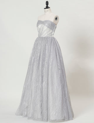 TWEED DRESS(ツイードドレス)のシルバーグレーロングドレス・チュール｜TN2009-SGYのトルソー全身斜め画像です。