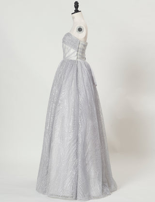 TWEED DRESS(ツイードドレス)のシルバーグレーロングドレス・チュール｜TN2009-SGYのトルソー全身側面画像です。