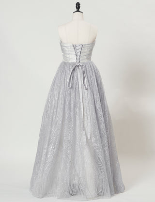 TWEED DRESS(ツイードドレス)のシルバーグレーロングドレス・チュール｜TN2009-SGYのトルソー全身背面画像です。