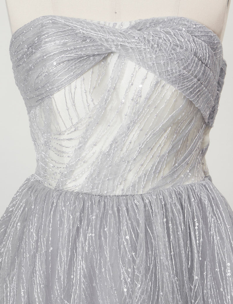 TWEED DRESS(ツイードドレス)のシルバーグレーロングドレス・チュール｜TN2009-SGYのトルソー上半身正面画像です。