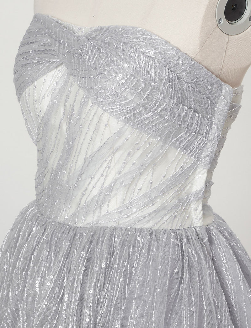 TWEED DRESS(ツイードドレス)のシルバーグレーロングドレス・チュール｜TN2009-SGYのトルソー上半身斜め画像です。