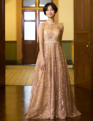 TWEED DRESS(ツイードドレス)のゴールドベージュロングドレス・チュール｜TN2010-GBEGの全身正面画像です。