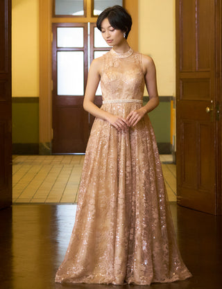 TWEED DRESS(ツイードドレス)のゴールドベージュロングドレス・チュール｜TN2010-GBEGの全身正面画像です。