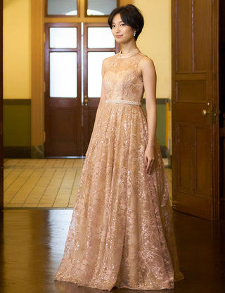 TWEED DRESS(ツイードドレス)のゴールドベージュロングドレス・チュール｜TN2010-GBEGの全身斜め画像です。